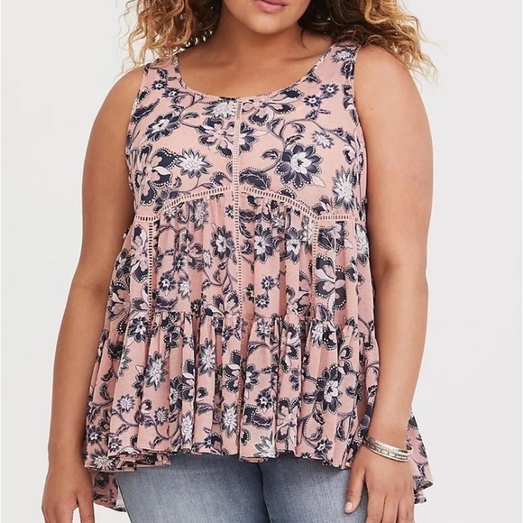 Torrid Pink Blue Floral Side Lace Up Peplum Tank Top Size 00X - Picture 1 of 6